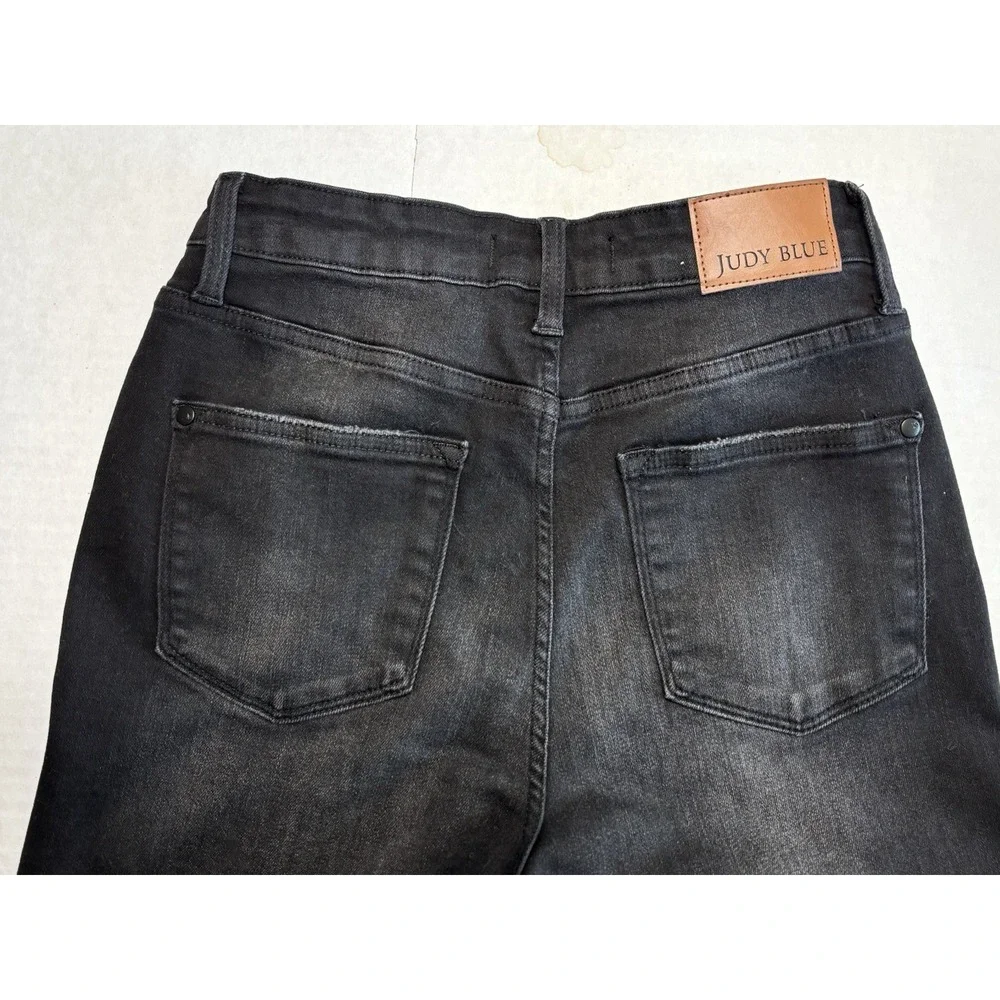 Judy Blue Wide Crop Jeans Womens 7/28 Black High Rise Raw Hem Stretch‎